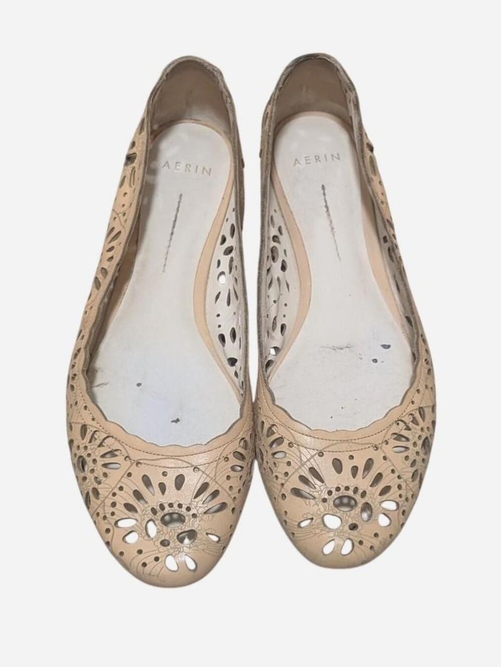 AERIN Brava nude tan beige leather ballet flats Laser cutout floral flower 8